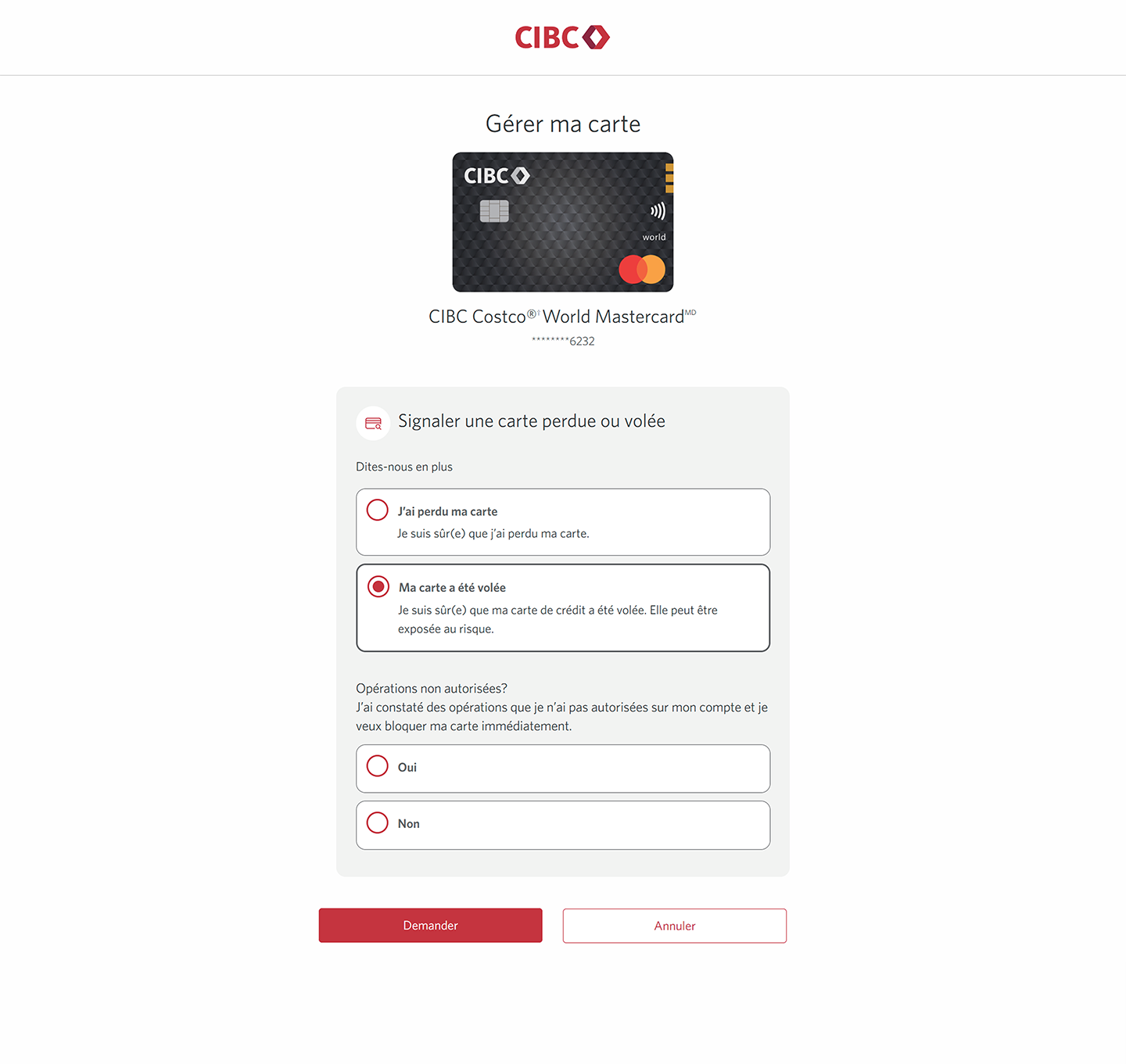 Écran 7 de la démonstration : Page Gérer ma carte avec le bouton d’option « Des opérations non autorisées ont-elles été effectuées? ». Une animation dynamique met en évidence le bouton Suivant.