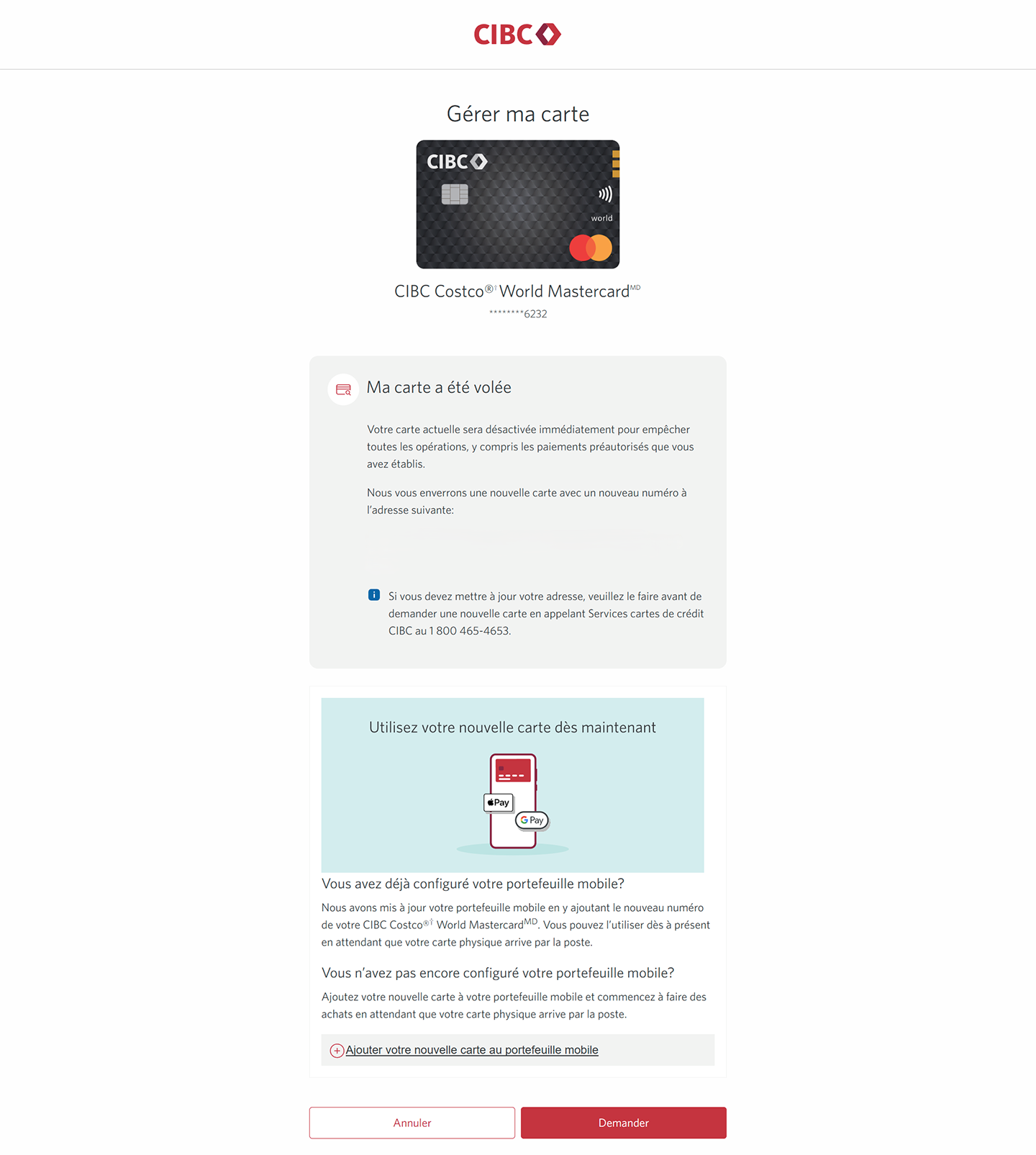 Écran 8 de la démonstration : Page de confirmation préalable. Une animation dynamique met en évidence le bouton Demander.