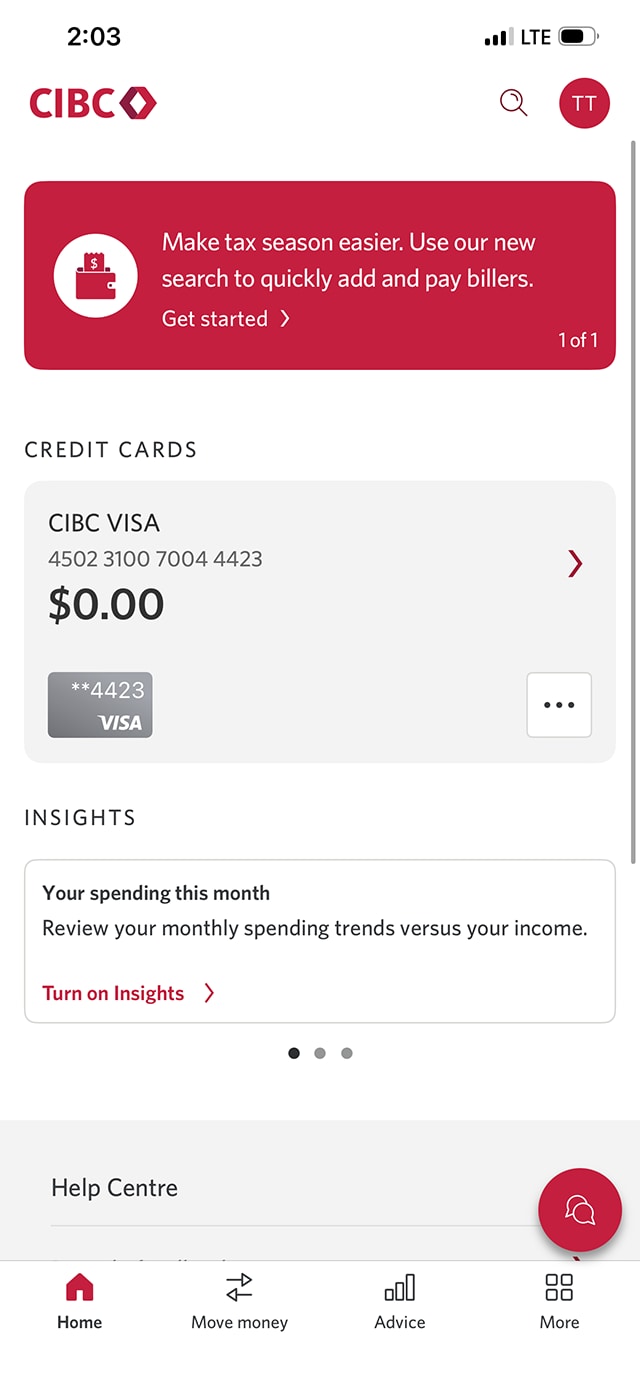Demo screen 2: CIBC Mobile Banking App homepage. A pulsing animation highlights the "More options" button for a credit card.