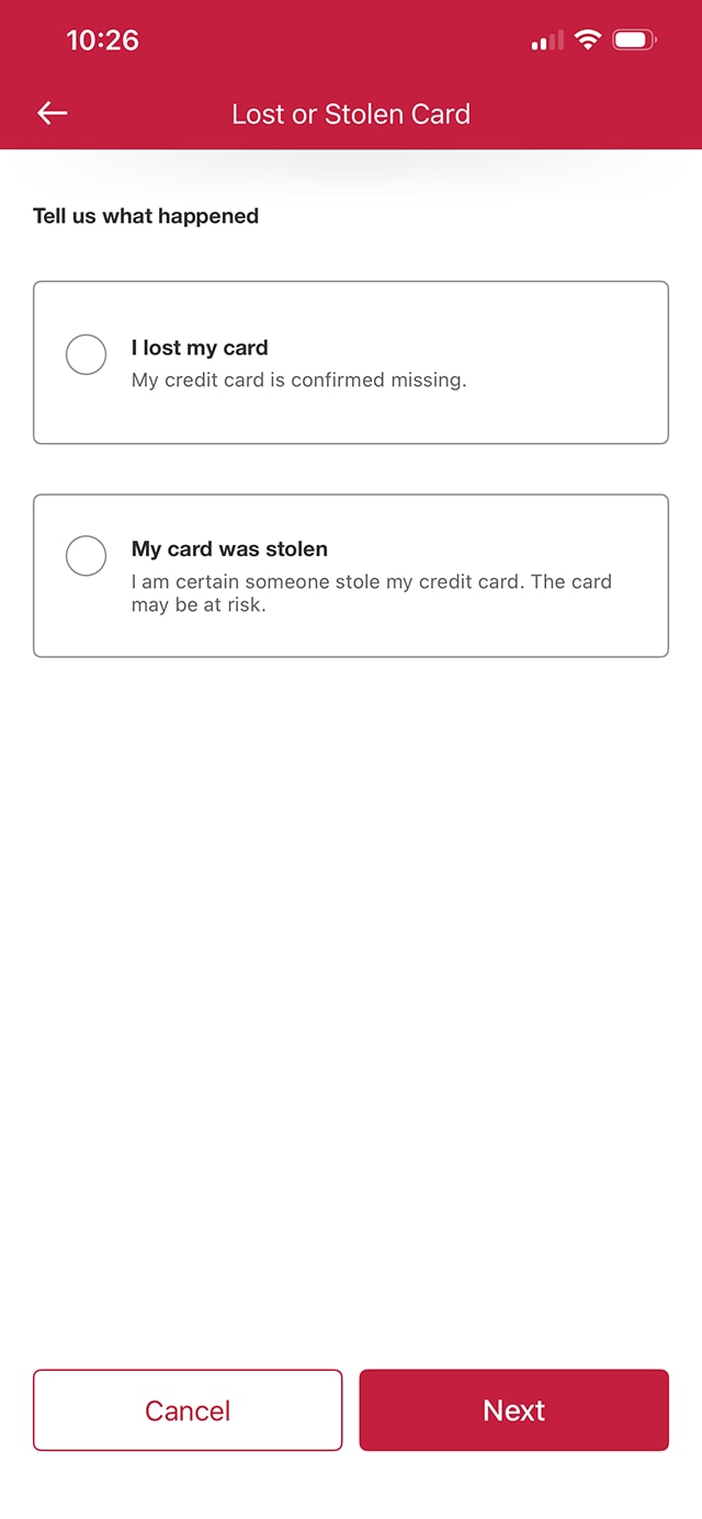 Demo screen 4: Lost or stolen card page with "I lost my card" and "My card was stolen" options. A pulsing animation highlights the "I lost my card" radio button.