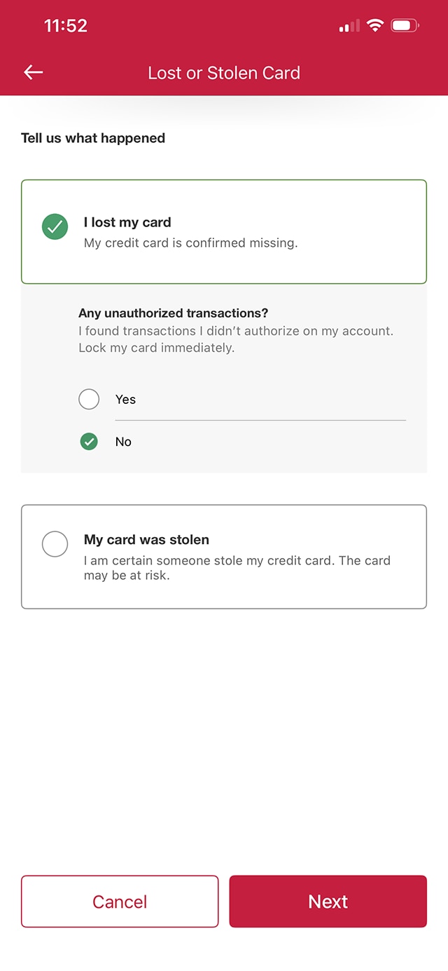 Demo screen 6: Manage my card page with "Any unauthorized transactions?" radio buttons. A pulsing animation highlights the "Next" button.