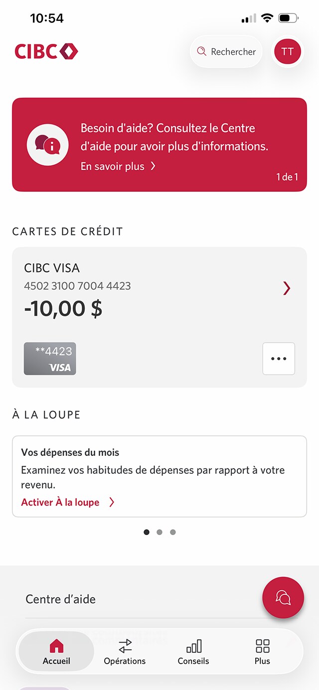 Écran 2 de la démonstration : Page d’accueil de l’application Services bancaires mobiles CIBC. Une animation dynamique met en évidence le bouton « Plus d’options » pour une carte de crédit.