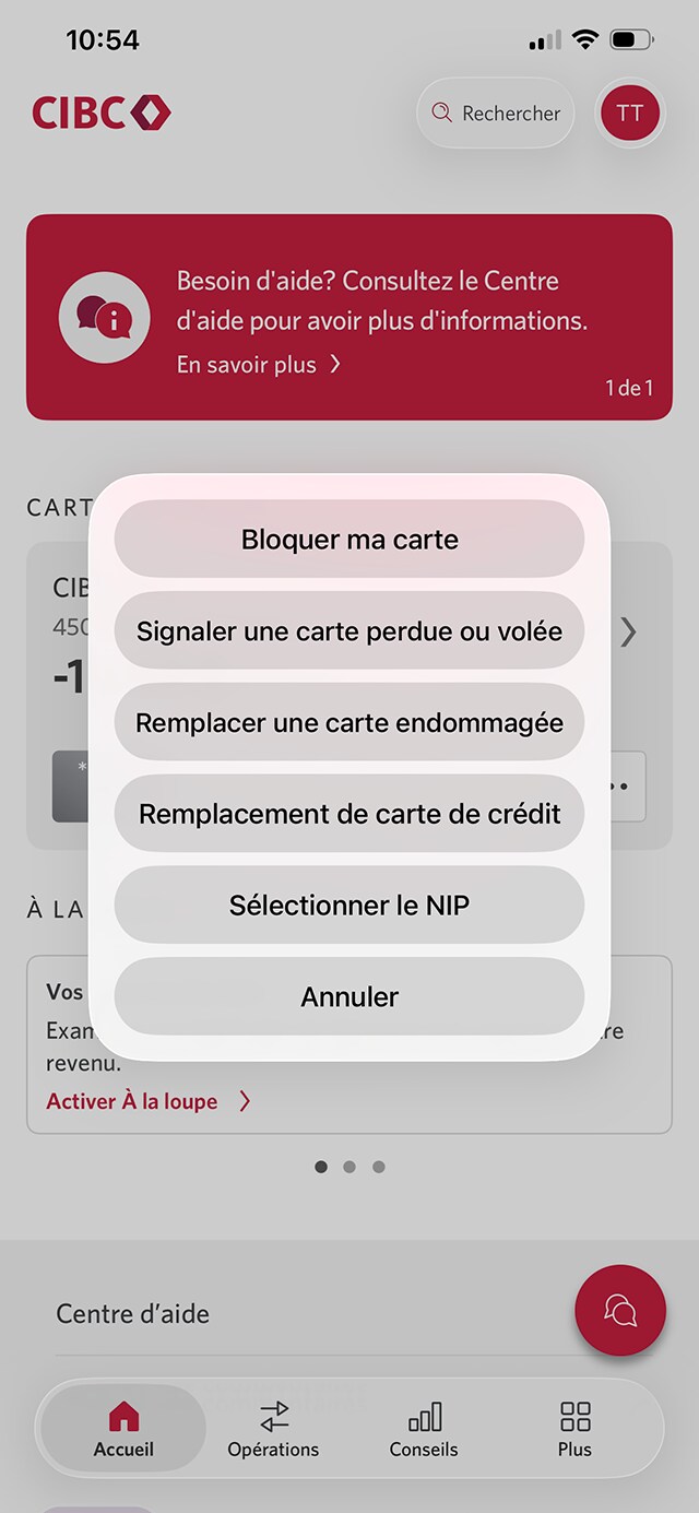 Écran 3 de la démonstration : Page d’accueil de l’application Services bancaires mobiles CIBC. Une animation dynamique met en évidence le bouton « Signaler une carte perdue ou volée » dans un menu.