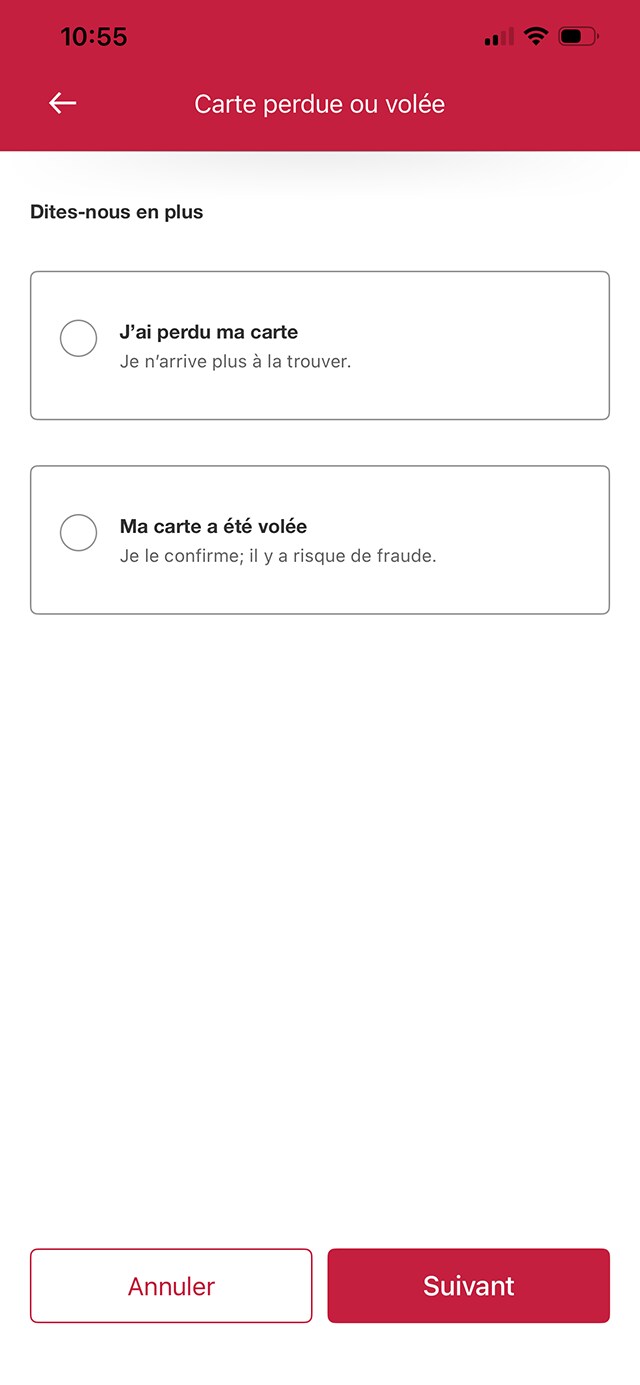 Écran 4 de la démonstration : Page Carte perdue ou volée avec les options « J’ai perdu ma carte » et « Ma carte a été volée ». Une animation dynamique met en évidence le bouton d’option « J’ai perdu ma carte ».