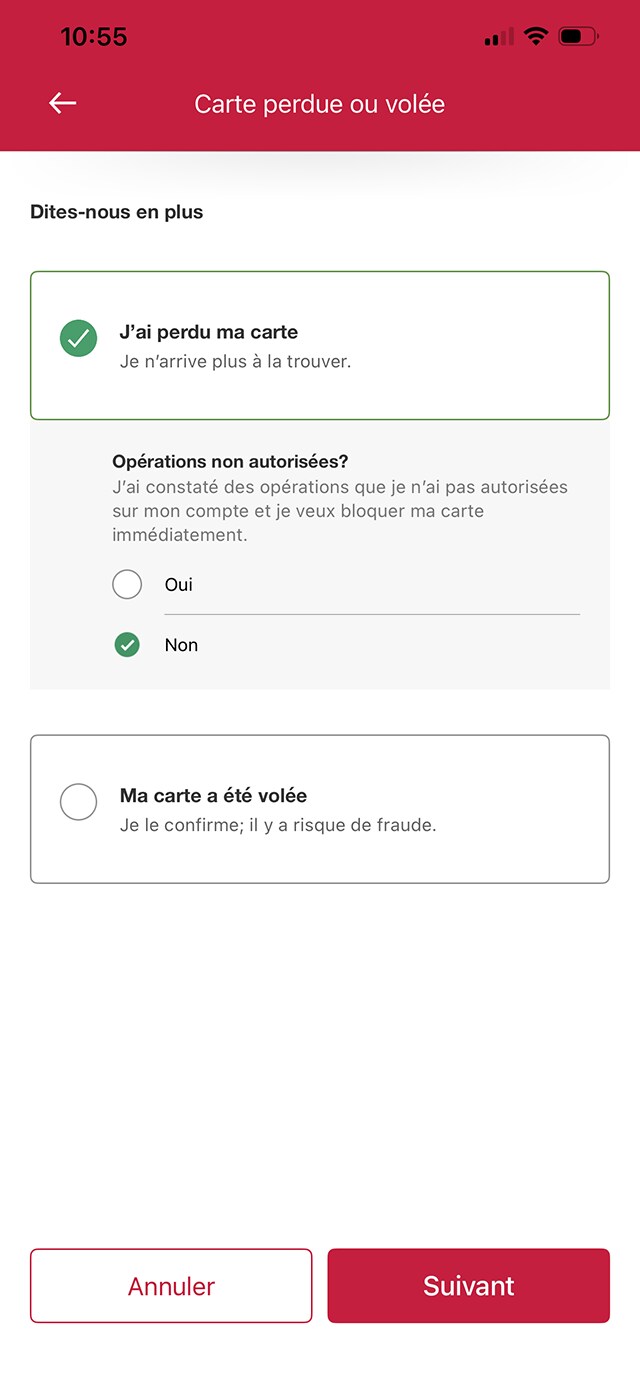 Écran 6 de la démonstration : Page Gérer ma carte avec le bouton d’option « Des opérations non autorisées ont-elles été effectuées? ». Une animation dynamique met en évidence le bouton Suivant.