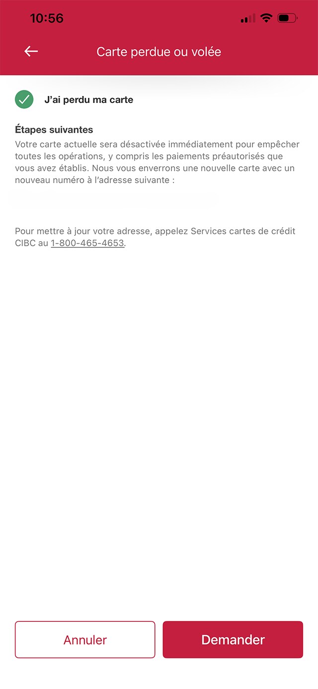 Écran 7 de la démonstration : Page de confirmation préalable. Une animation dynamique met en évidence le bouton Demander.