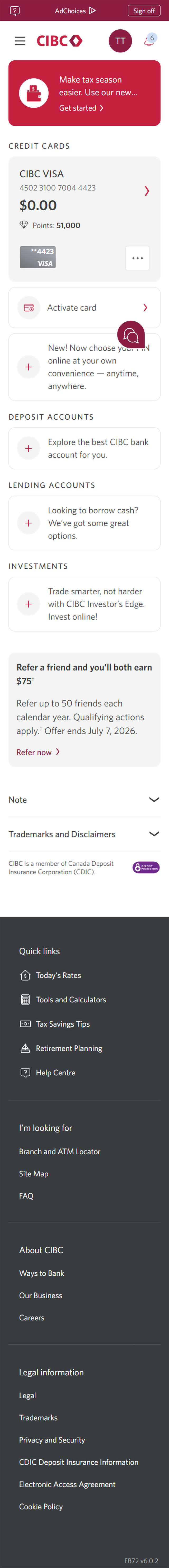 Demo screen 2: CIBC Online Banking homepage. A pulsing animation highlights the "More options" button for a card.