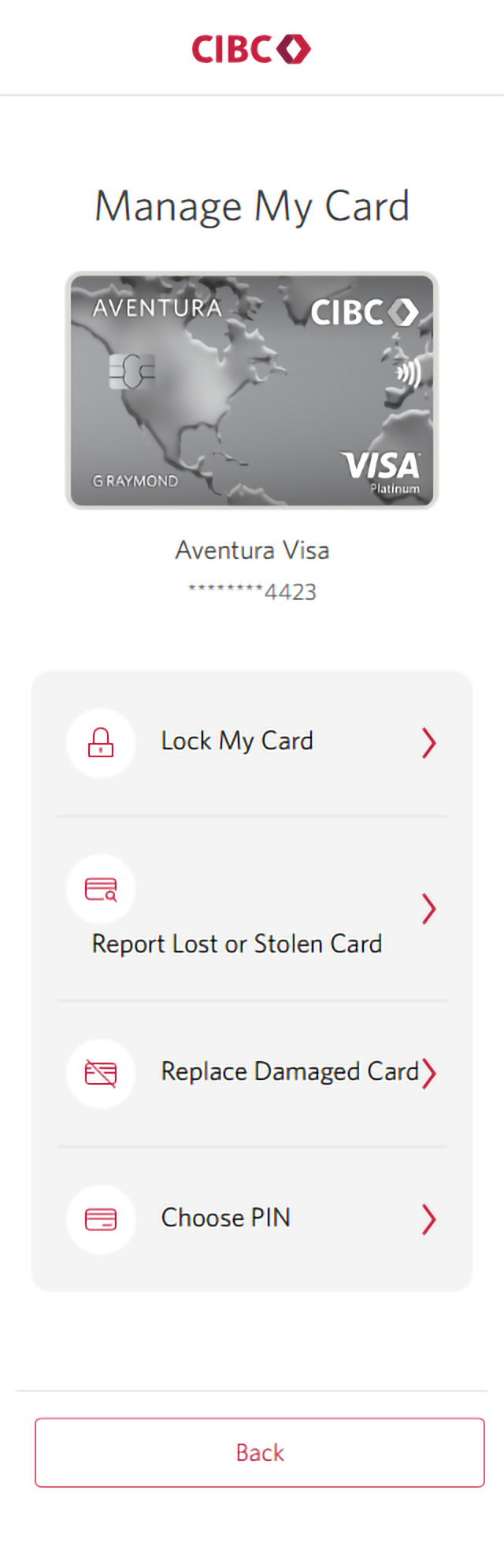 Demo screen 4: Manage My Card page. A pulsing animation highlights the "Report Lost or Stolen Card" button.