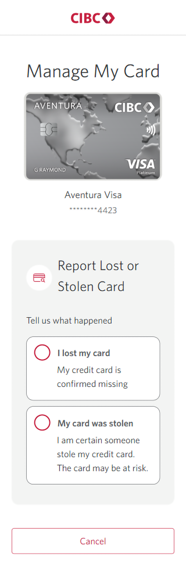 Demo screen 5: Manage my card page with "I lost my card" and "My card was stolen" options. A pulsing animation highlights the "I lost my card" radio button.