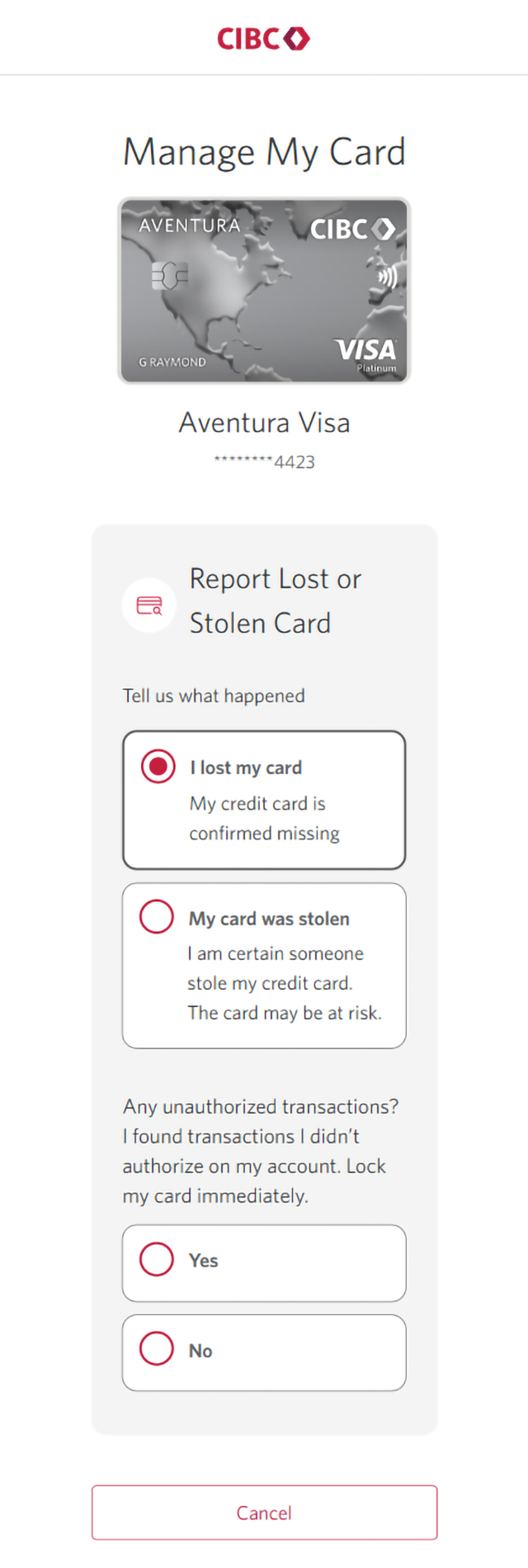 Demo screen 6: Manage my card page with "Any unauthorized transactions?" radio buttons. A pulsing animation highlights the "No" radio button.