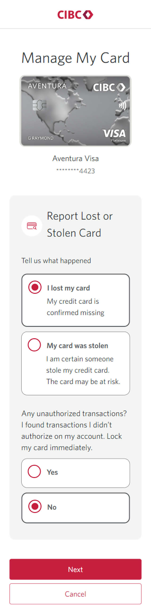 Demo screen 7: Manage my card page with "Any unauthorized transactions?" radio buttons. A pulsing animation highlights the "Next" button.