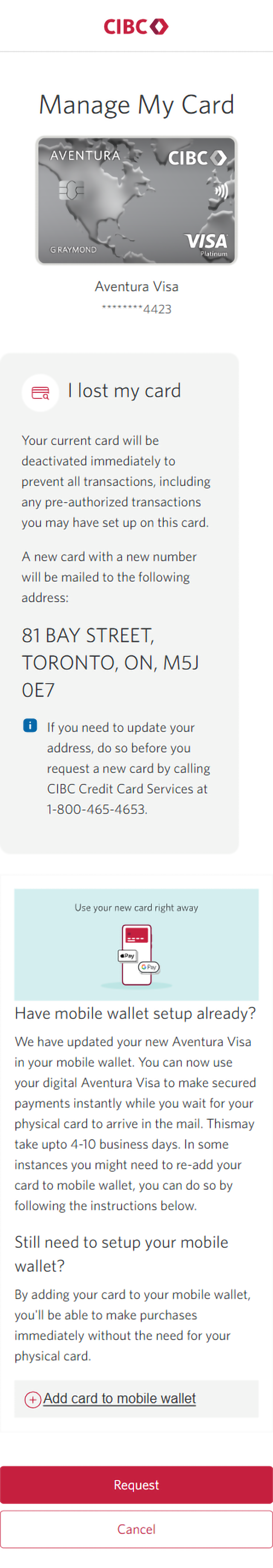 Demo screen 8: Pre-confirmation page. A pulsing animation highlights the "Request" button.