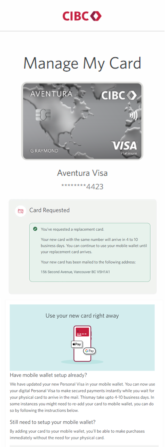 Demo screen 9: Confirmation page with message stating card has been replaced. No pulsing animation.