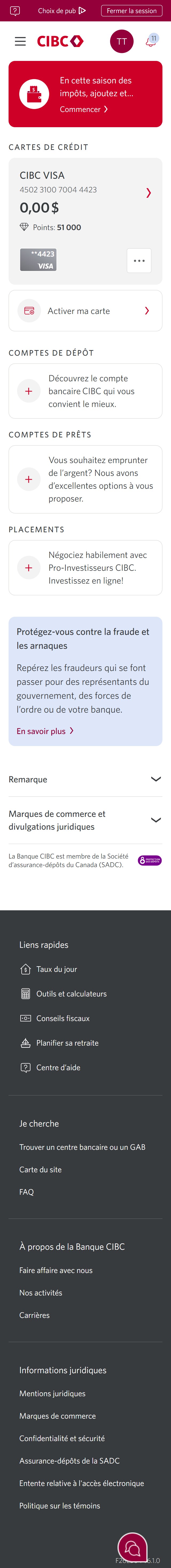 Écran 2 de la démonstration : Page d’accueil de Services bancaires CIBC en direct. Une animation dynamique met en évidence le bouton « Plus d’options » pour une carte.