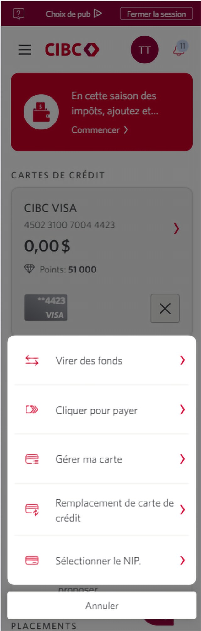 Écran 3 de la démonstration : Page d’accueil de Services bancaires CIBC en direct. Une animation dynamique met en évidence le lien Gérer ma carte.