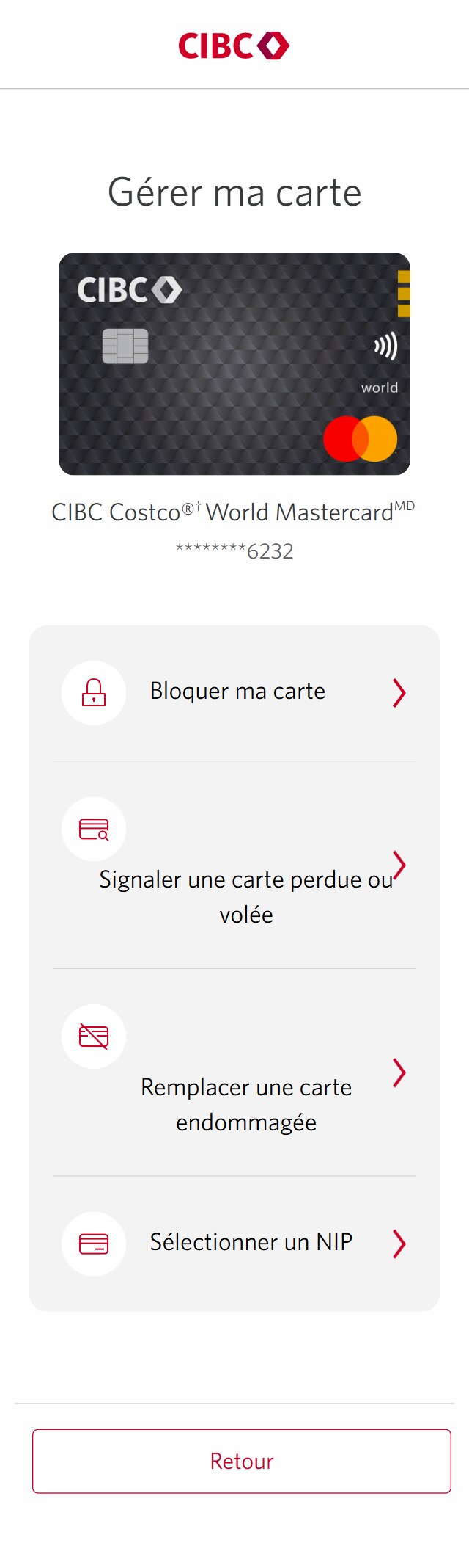 Écran 4 de la démonstration : Page Gérer ma carte. Une animation dynamique met en évidence le bouton Signaler une carte perdue ou volée.