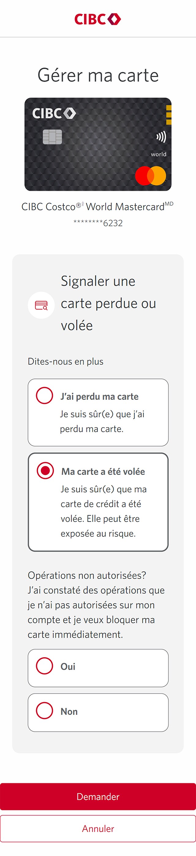 Écran 7 de la démonstration : Page Gérer ma carte avec le bouton d’option « Des opérations non autorisées ont-elles été effectuées? ». Une animation dynamique met en évidence le bouton Suivant.