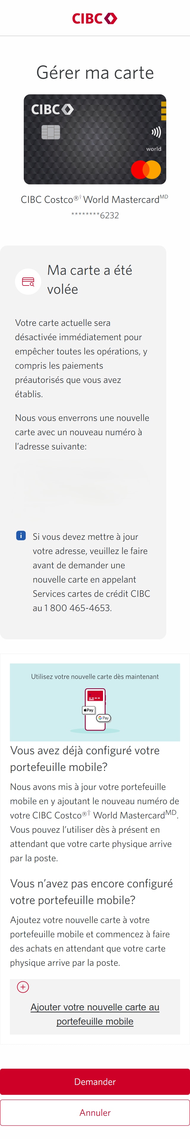 Écran 8 de la démonstration : Page de confirmation préalable. Une animation dynamique met en évidence le bouton Demander.