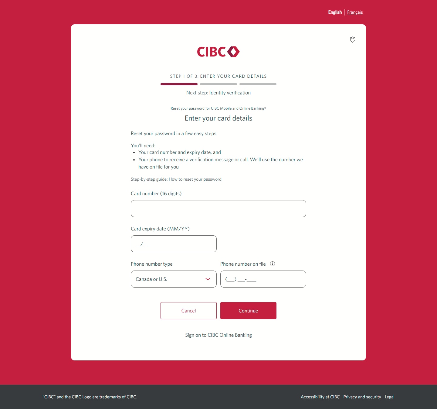 Demo screen 3: Page 1 of the CIBC Online Banking reset password flow. A pulsing animation highlights the "Continue" button.