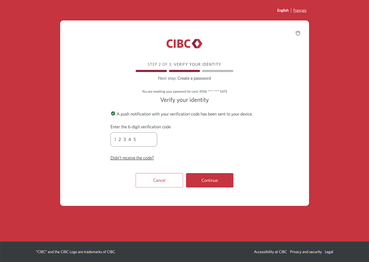 Demo screen 5: Page 2b of the CIBC Online Banking reset password flow. A pulsing animation highlights the "Continue" button.