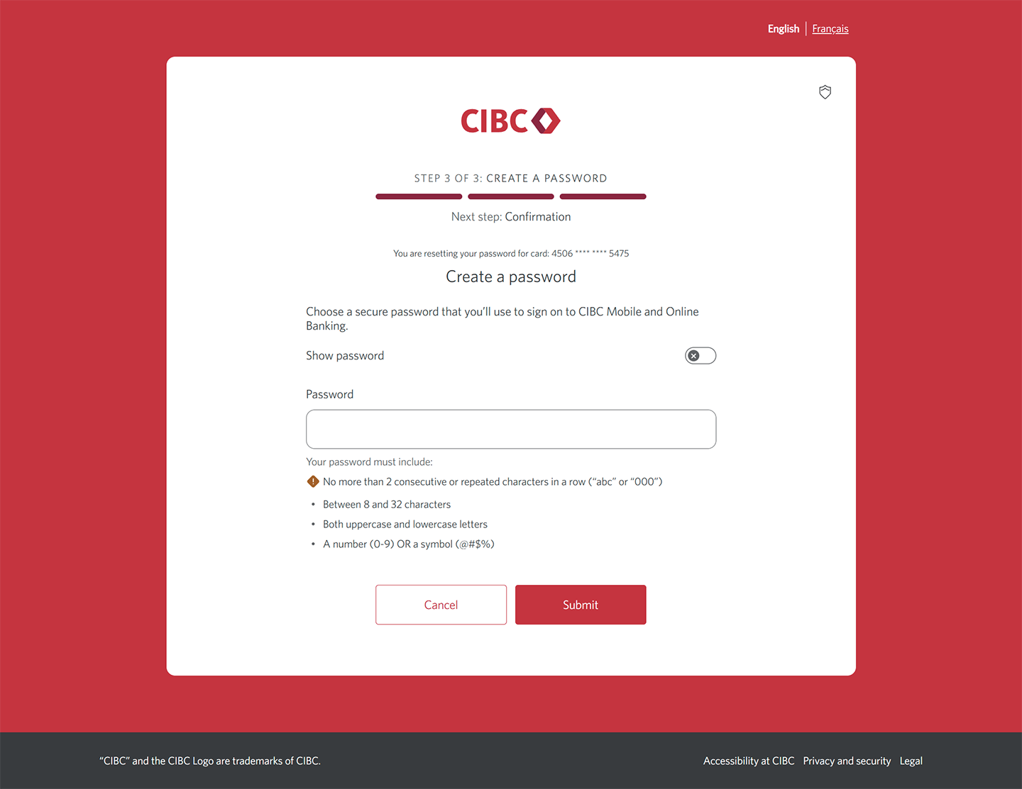 Demo screen 6: Page 3a of the CIBC Online Banking reset password flow. A pulsing animation highlights the "Submit" button.