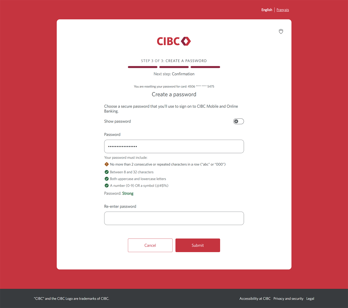 Demo screen 7: Page 3b of the CIBC Online Banking reset password flow. A pulsing animation highlights the "Submit" button.