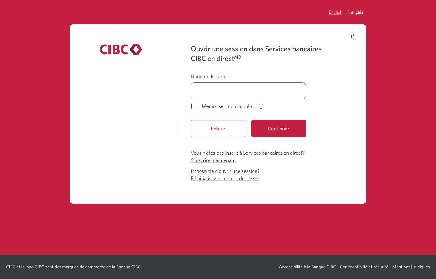 Écran 2 de la démonstration : Écran d’ouverture de session de Services bancaires CIBC en direct. Une animation dynamique met en évidence le lien Réinitialiser votre mot de passe.
