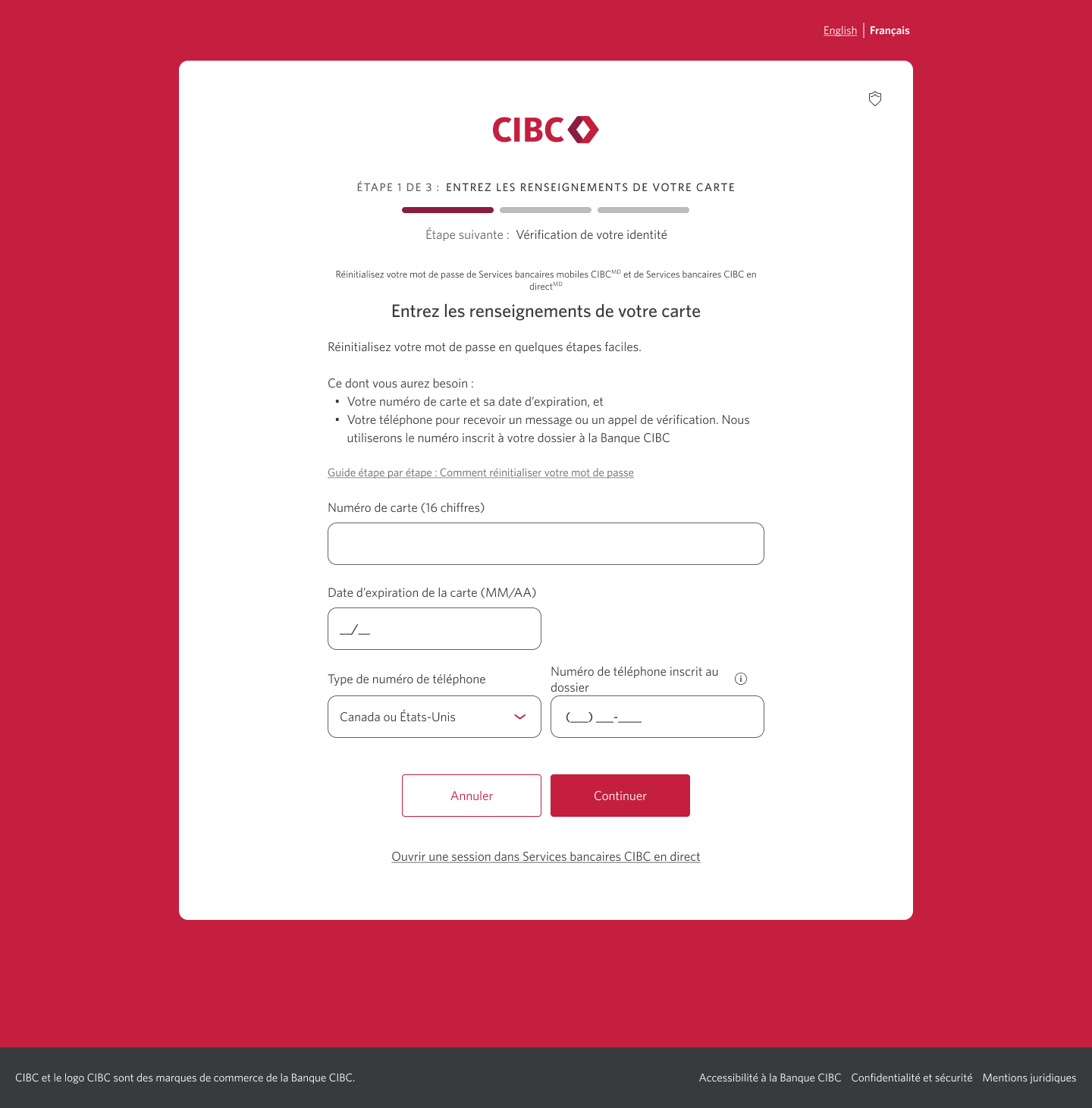 Écran 3 de la démonstration : Page 1 du processus de réinitialisation du mot de passe dans Services bancaires CIBC en direct. Une animation dynamique met en évidence le bouton Continuer.