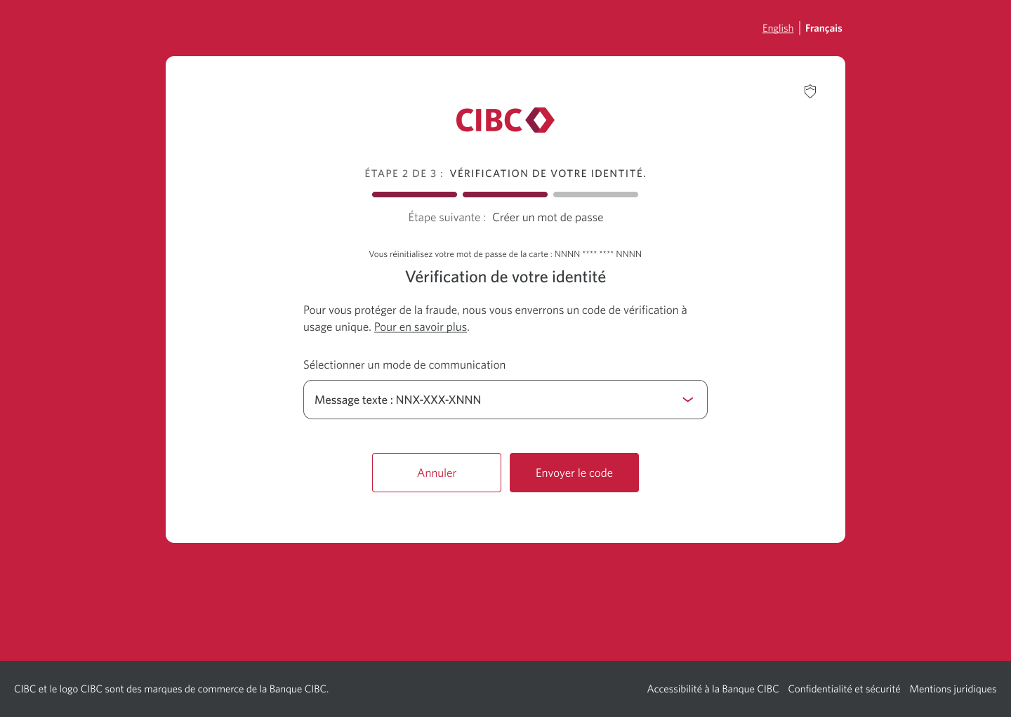 Écran 4 de la démonstration : Page 2a du processus de réinitialisation du mot de passe dans Services bancaires CIBC en direct. Une animation dynamique met en évidence le bouton Envoyer le code.