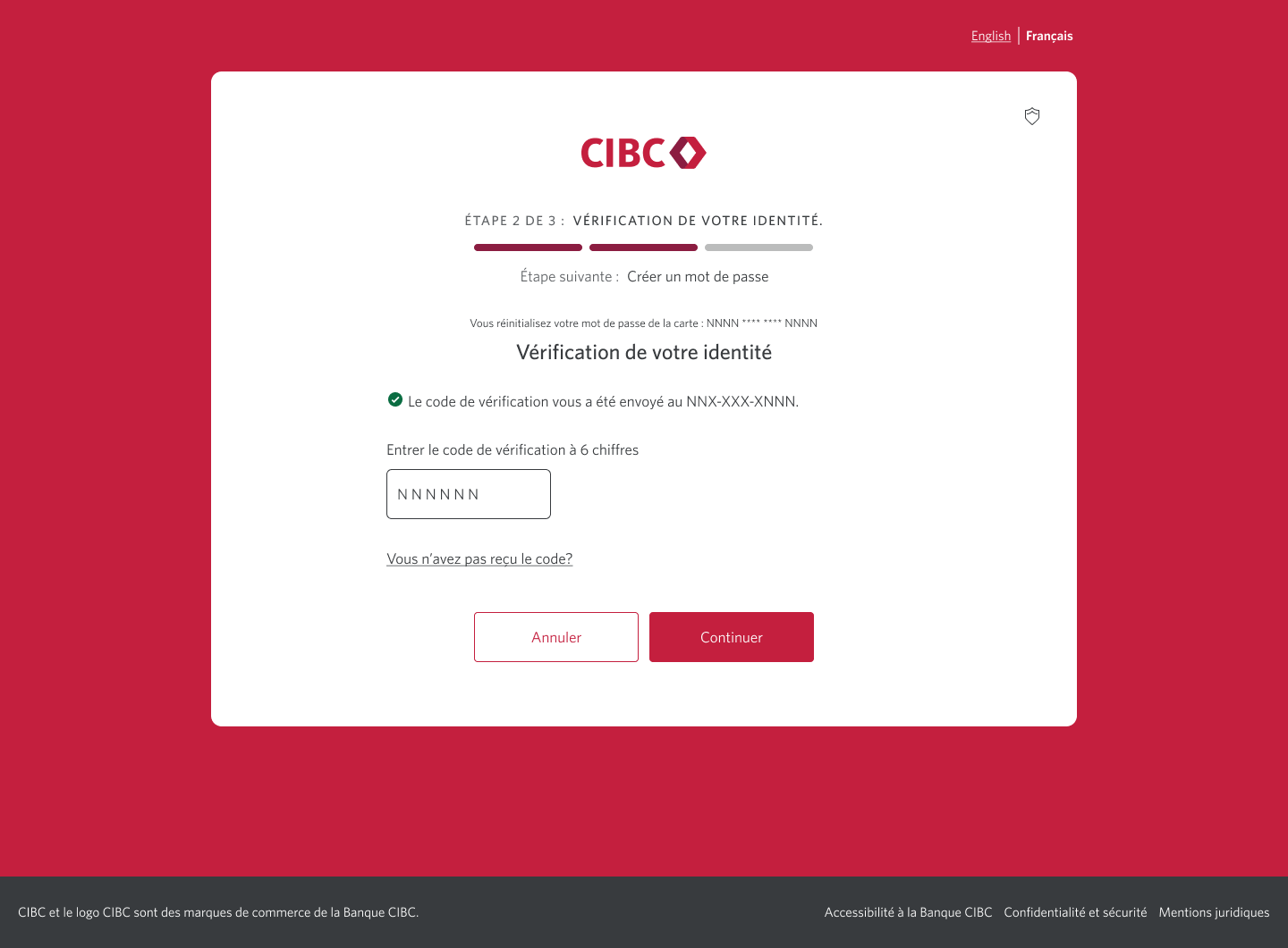 Écran 5 de la démonstration : Page 2b du processus de réinitialisation du mot de passe dans Services bancaires CIBC en direct. Une animation dynamique met en évidence le bouton Continuer.