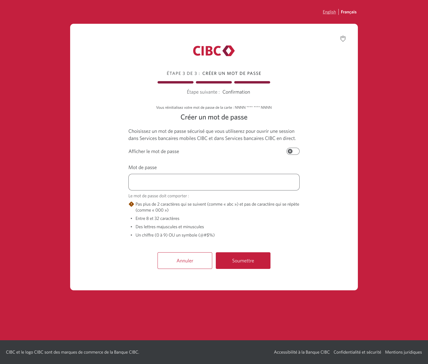 Écran 6 de la démonstration : Page 3a du processus de réinitialisation du mot de passe dans Services bancaires CIBC en direct. Une animation dynamique met en évidence le bouton Soumettre.