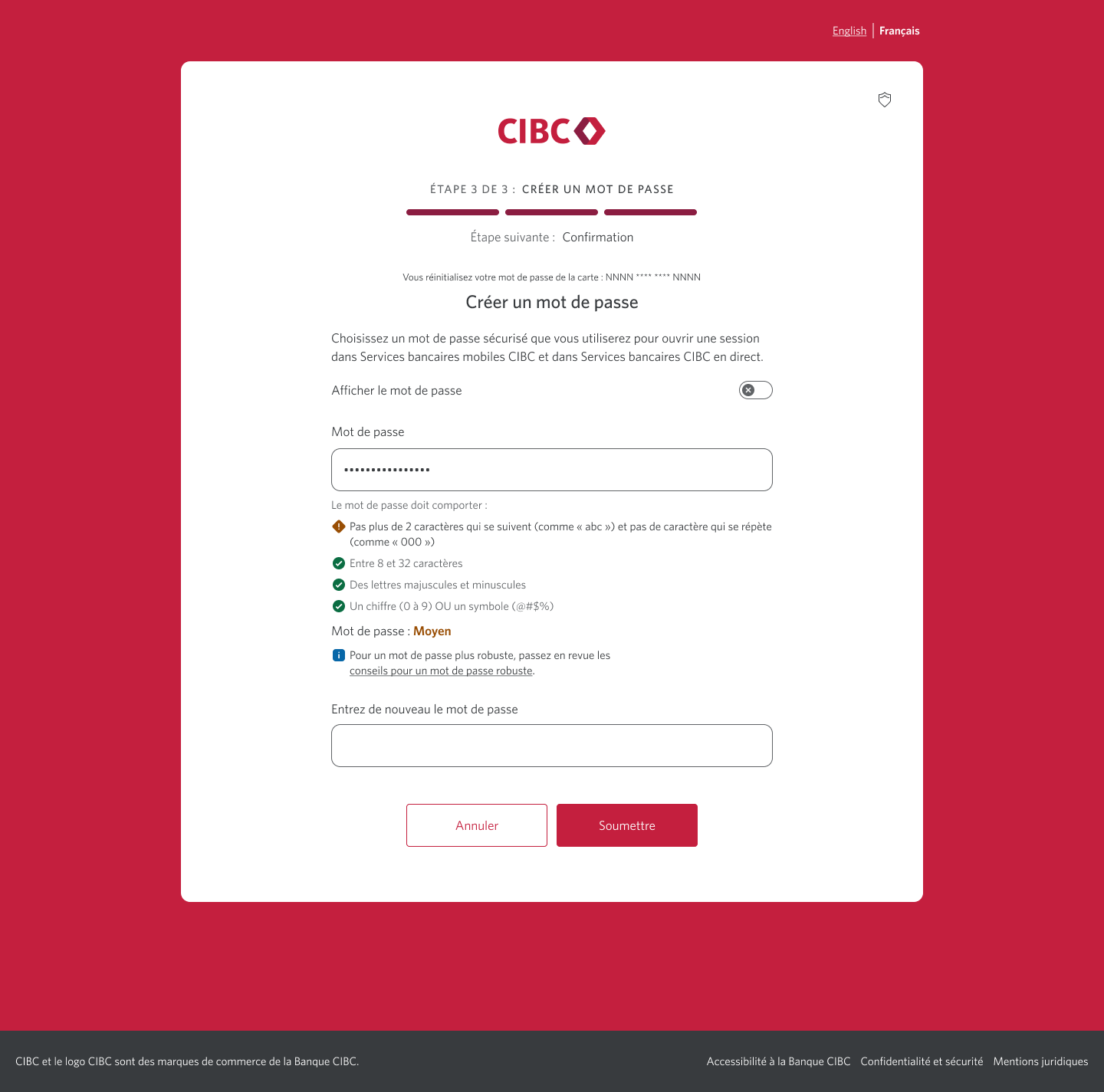 Écran 7 de la démonstration : Page 3b du processus de réinitialisation du mot de passe dans Services bancaires CIBC en direct. Une animation dynamique met en évidence le bouton Soumettre.