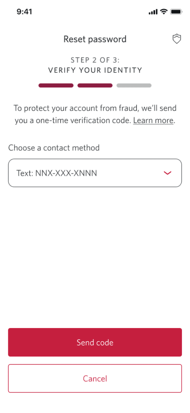 Demo screen 3: Page 2 of the reset password flow. A pulsing animation highlights the "Send code" button.