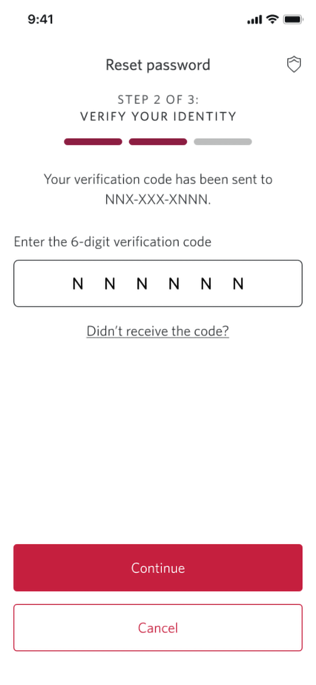 Demo screen 4: Page 2 of the reset password flow. A pulsing animation highlights the "Continue" button.