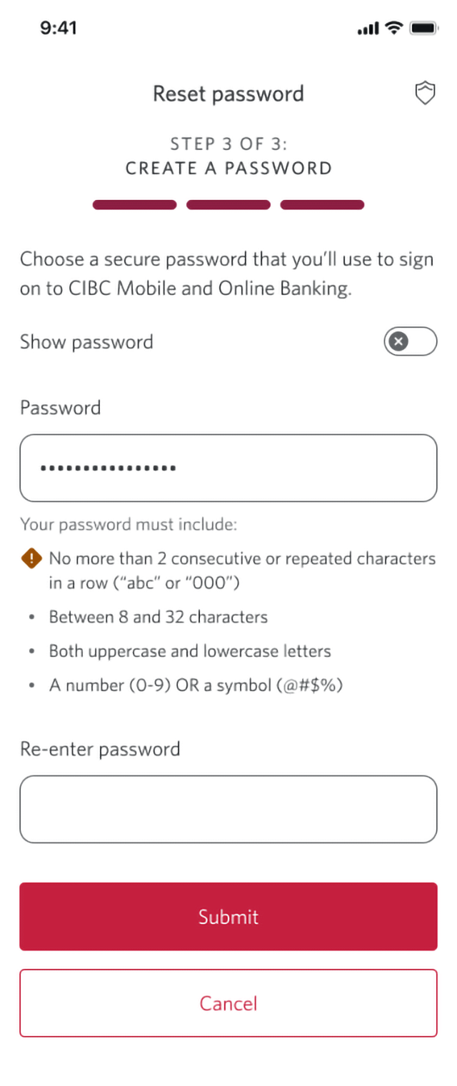 Demo screen 5: Page 3 of the reset password flow. A pulsing animation highlights the "Submit" button.