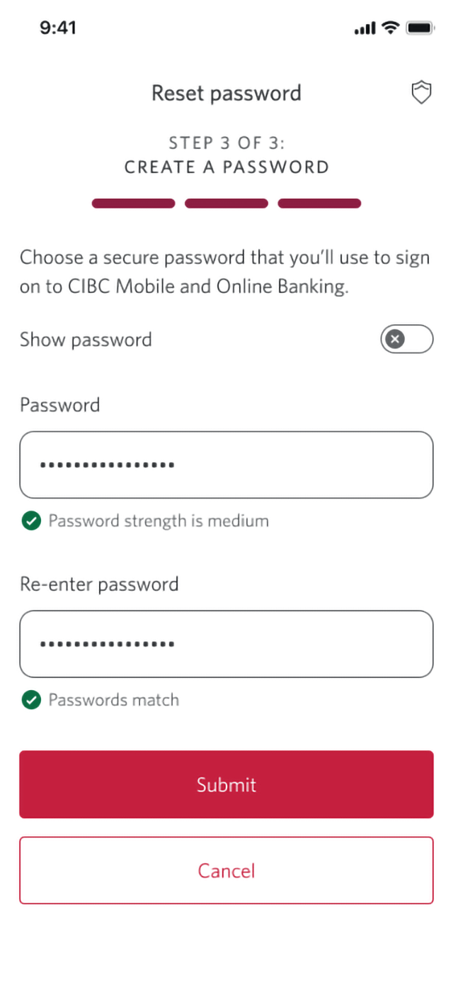 Demo screen 6: Page 3 of the reset password flow. A pulsing animation highlights the "Submit" button.