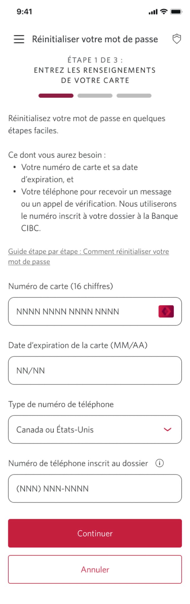 Écran 2 de la démonstration : Page 1 du processus de réinitialisation du mot de passe. Une animation dynamique met en évidence le bouton Continuer.
