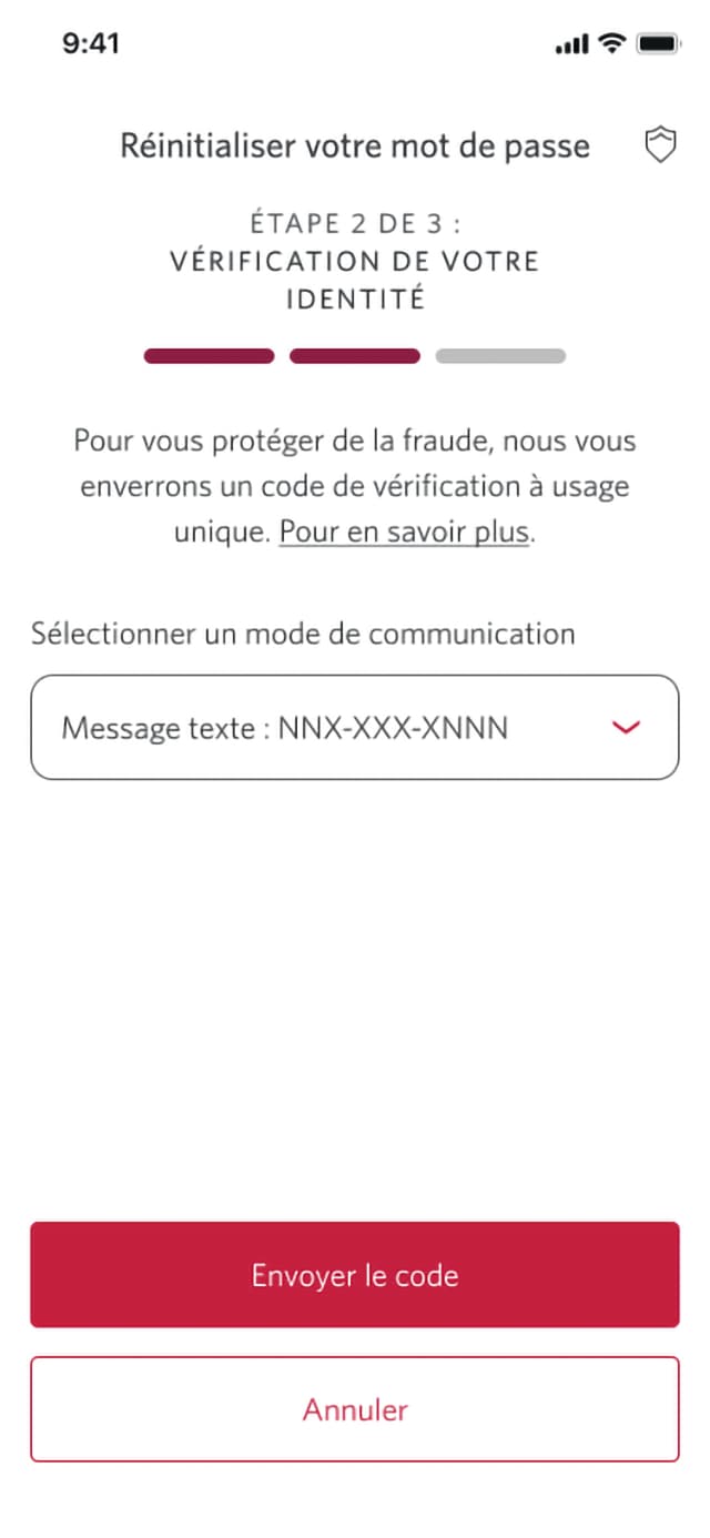 Écran 3 de la démonstration : Page 2 du processus de réinitialisation du mot de passe. Une animation dynamique met en évidence le bouton Envoyer le code.