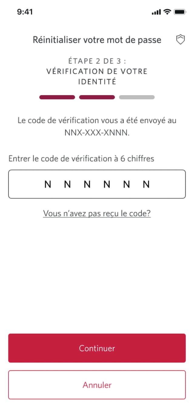 Écran 4 de la démonstration : Page 2 du processus de réinitialisation du mot de passe. Une animation dynamique met en évidence le bouton Continuer.