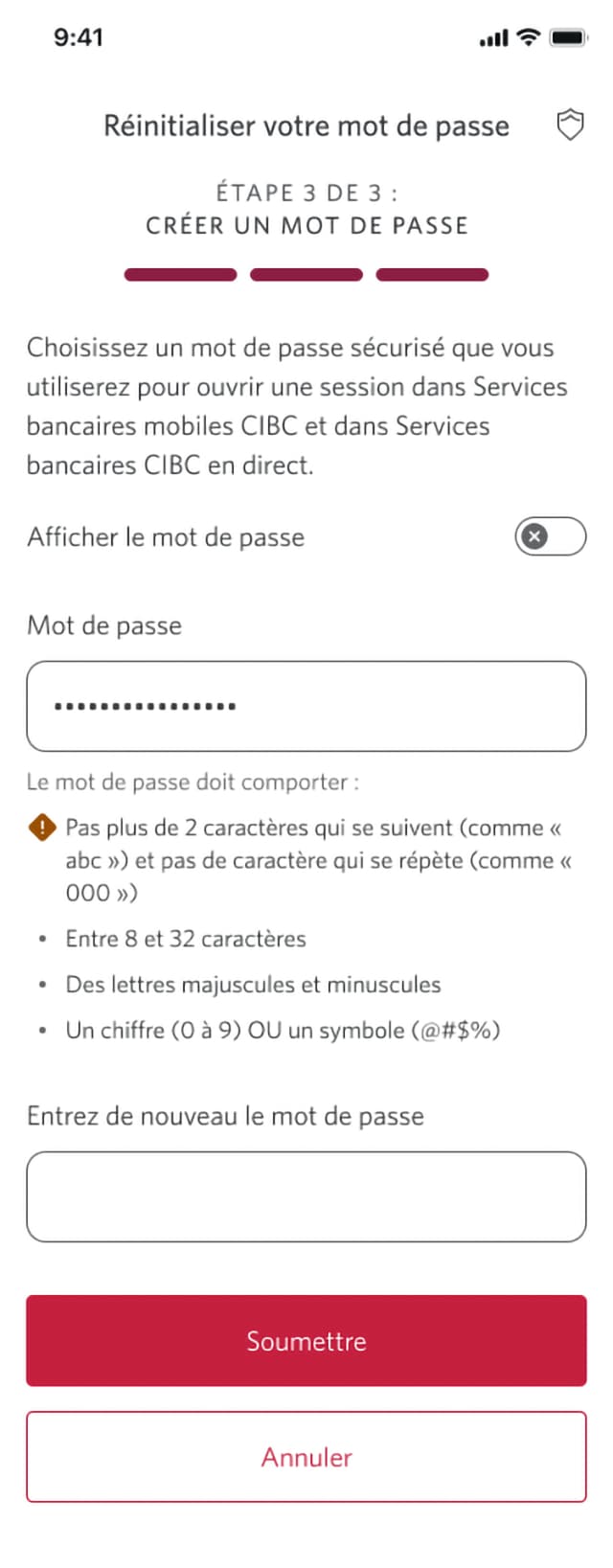 Écran 5 de la démonstration : Page 3 du processus de réinitialisation du mot de passe. Une animation dynamique met en évidence le bouton Soumettre.