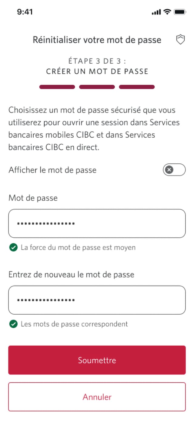 Écran 6 de la démonstration : Page 3 du processus de réinitialisation du mot de passe. Une animation dynamique met en évidence le bouton Soumettre.