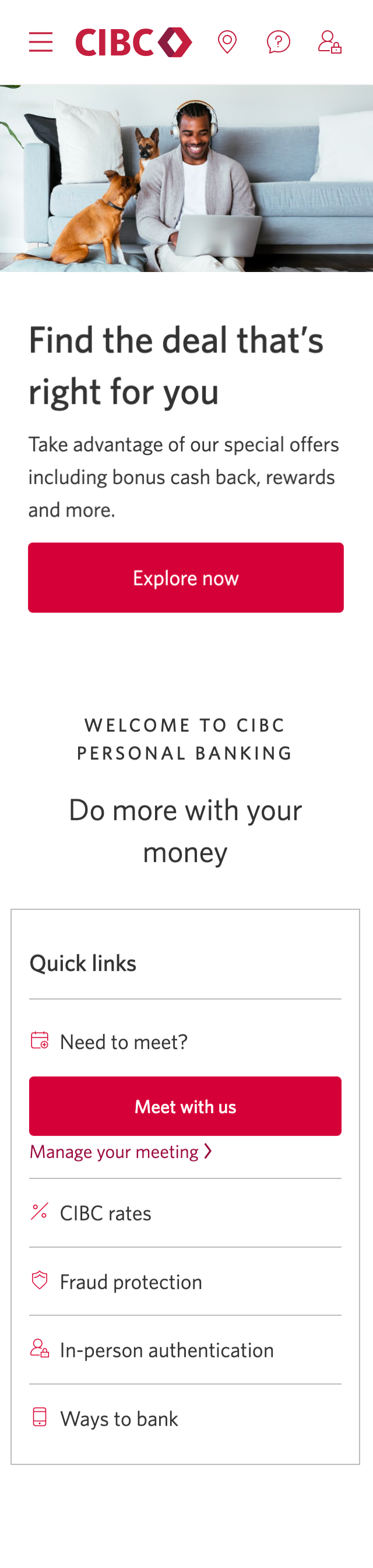 Demo screen 1: CIBC homepage. A pulsing animation highlights the "Sign on" button.