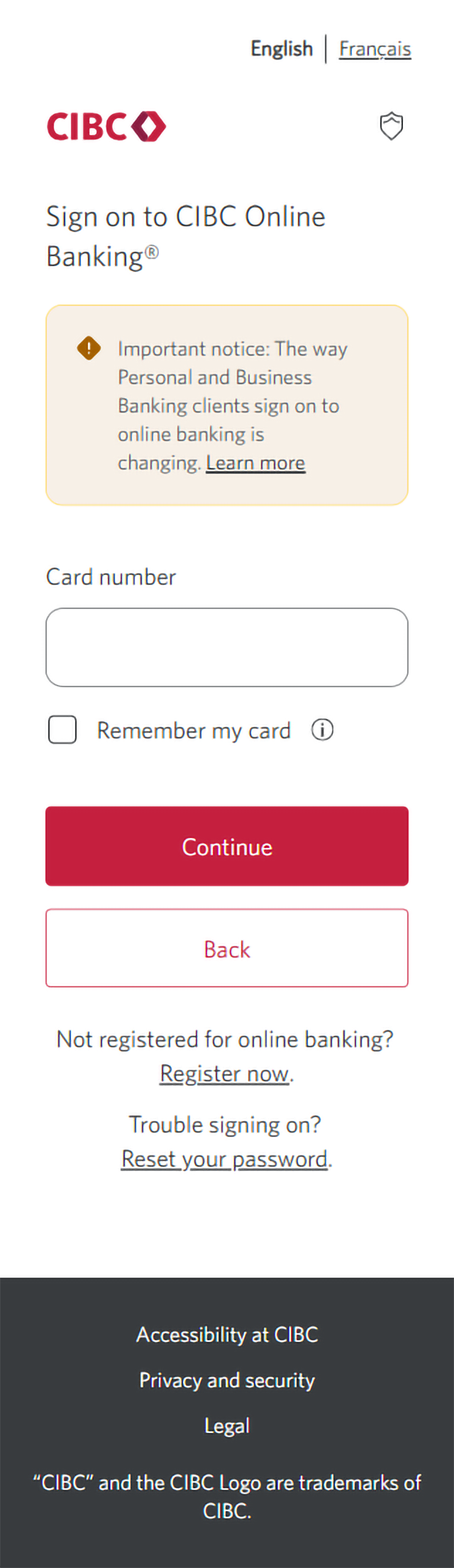  Demo screen 2: CIBC Online Banking sign on screen. A pulsing animation highlights the "Reset your password" link.
