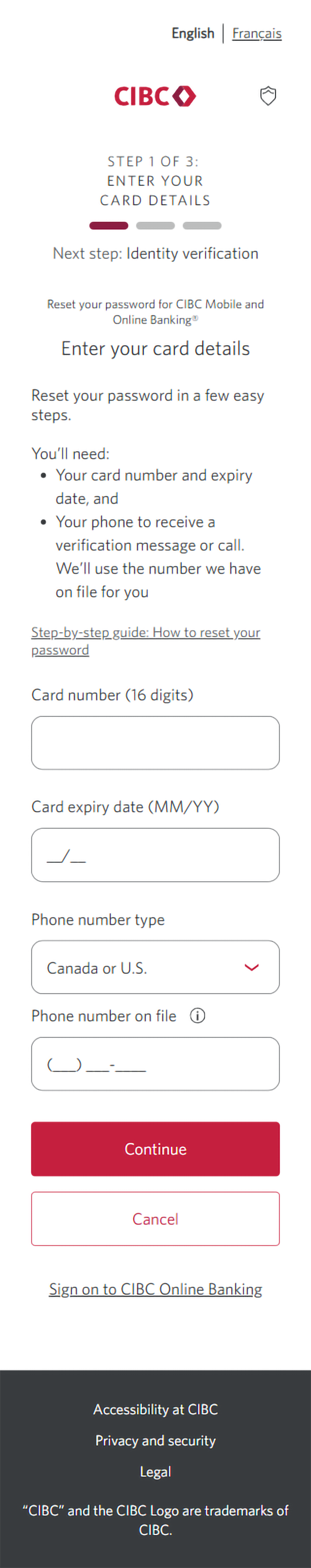Demo screen 3: Page 1 of the CIBC Online Banking reset password flow. A pulsing animation highlights the "Continue" button.