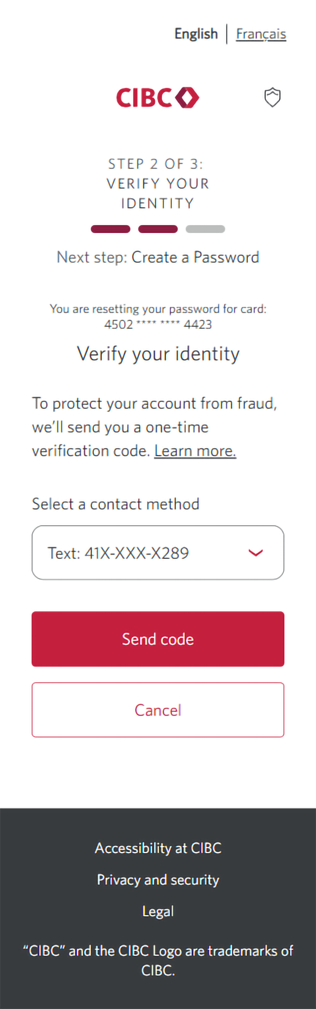 Demo screen 4: Page 2a of the CIBC Online Banking reset password flow. A pulsing animation highlights the "Send code" button.