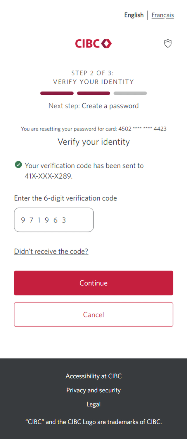 Demo screen 5: Page 2b of the CIBC Online Banking reset password flow. A pulsing animation highlights the "Continue" button.