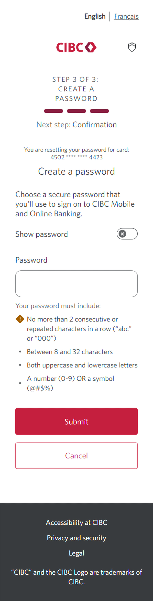 Demo screen 6: Page 3a of the CIBC Online Banking reset password flow. A pulsing animation highlights the "Submit" button.