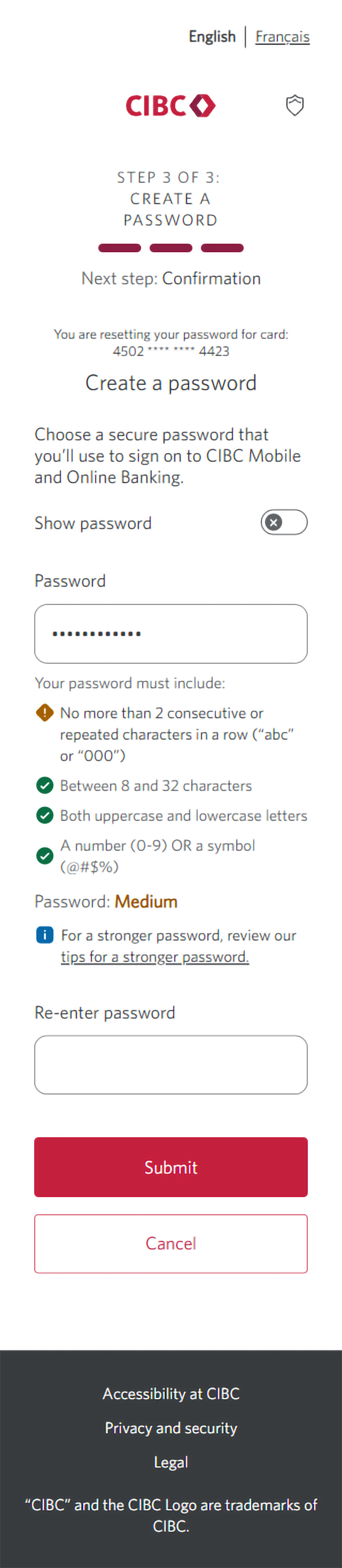Demo screen 7: Page 3b of the CIBC Online Banking reset password flow. A pulsing animation highlights the "Submit" button.