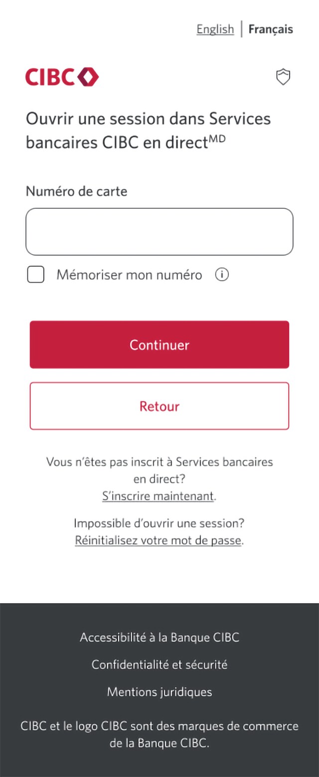 Écran 2 de la démonstration : Écran d’ouverture de session de Services bancaires CIBC en direct. Une animation dynamique met en évidence le lien Réinitialiser votre mot de passe.