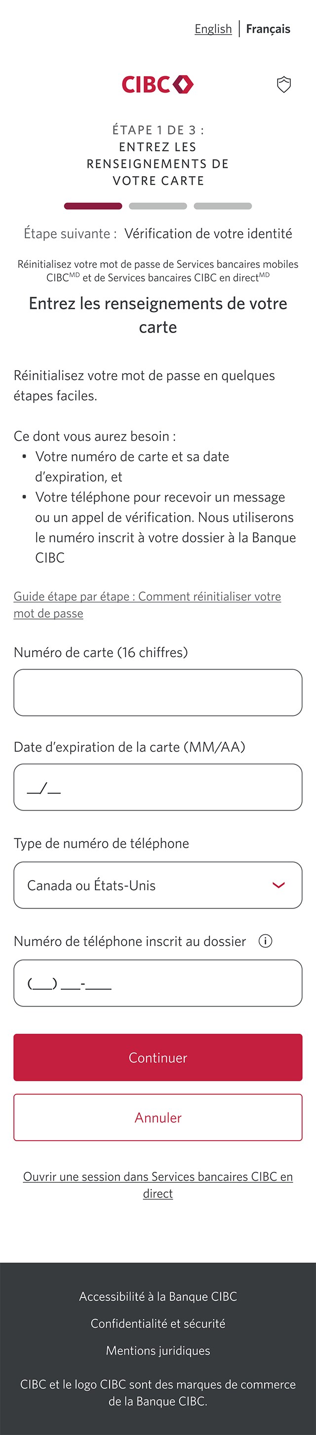 Écran 3 de la démonstration : Page 1 du processus de réinitialisation du mot de passe dans Services bancaires CIBC en direct. Une animation dynamique met en évidence le bouton Continuer.
